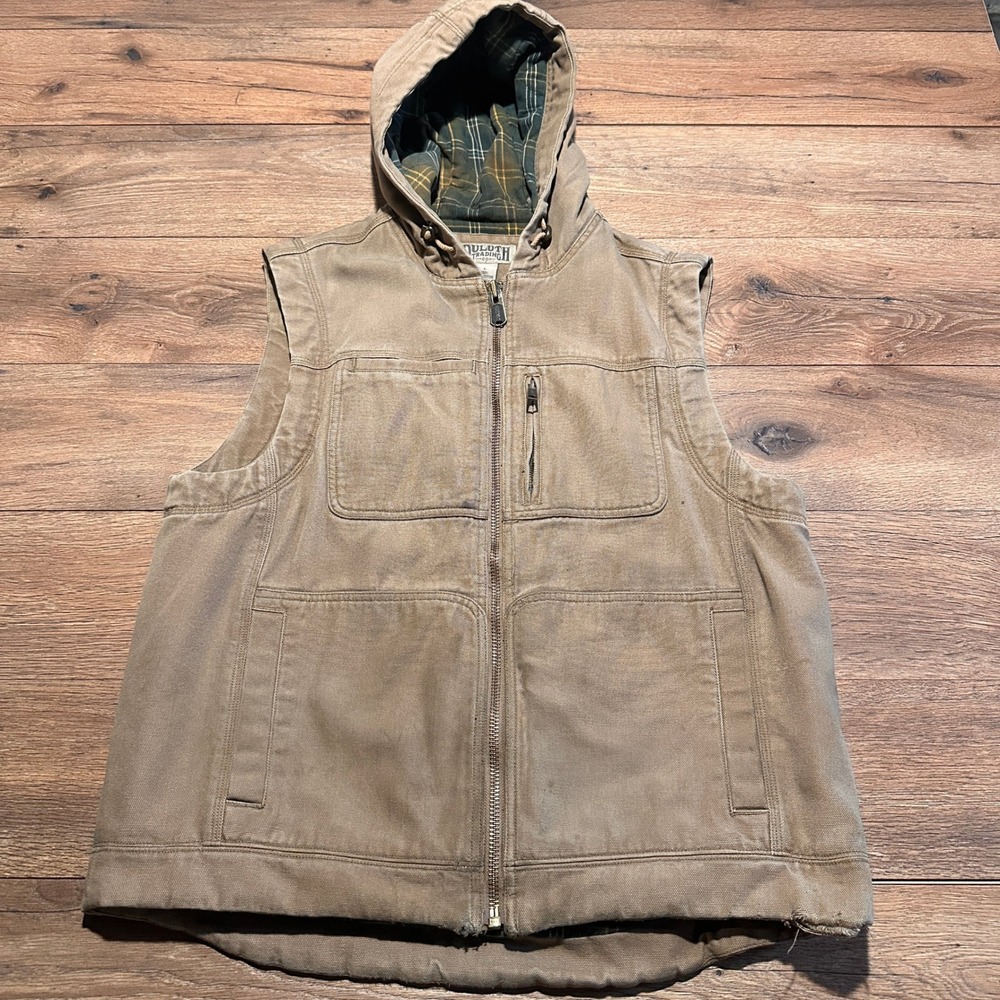 Duluth Trading Co Brown Fire Hose Flannel Lined Hooded Work Vest Mens Large